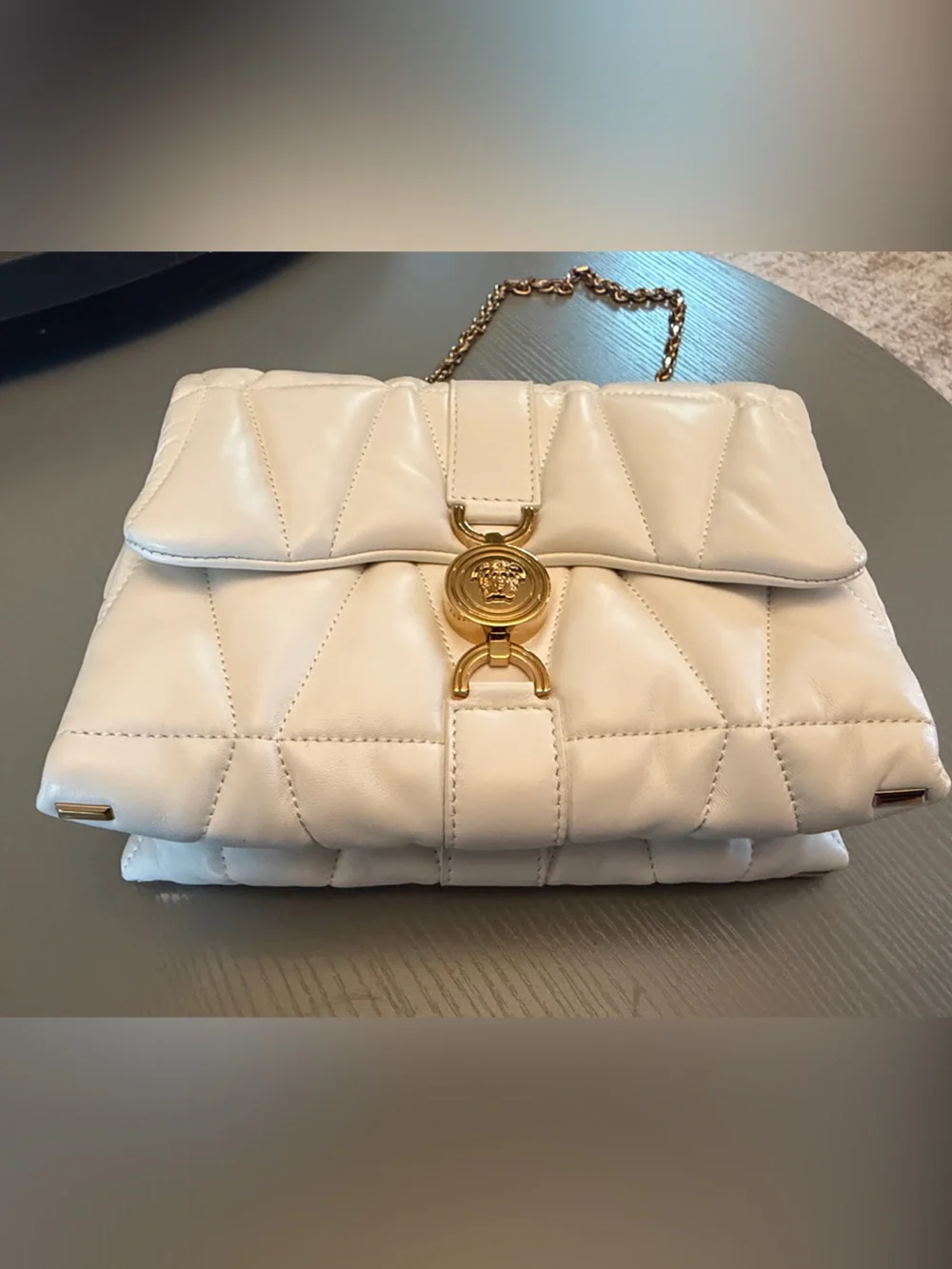 Versace White Quilted Leather Shoulder Tote with Gold Chain